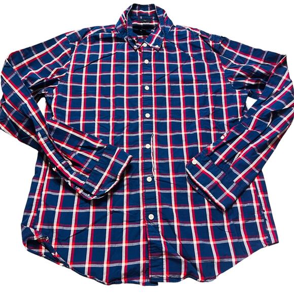 Vintage Y2K J Crew Red Navy Checkered L Long Sleeve Button Up Casual Mens - Picture 1 of 4